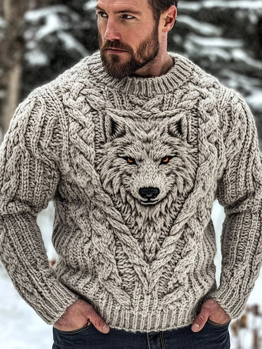 Men's Wolf Inspired Viking Celtic Jacquard Cozy Chunky Sweater elevenforest
