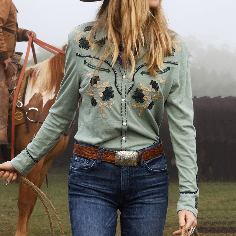 Comstylish Casual Flower Embroidery Art Western Style Rodeo Long Sleeve Shirt