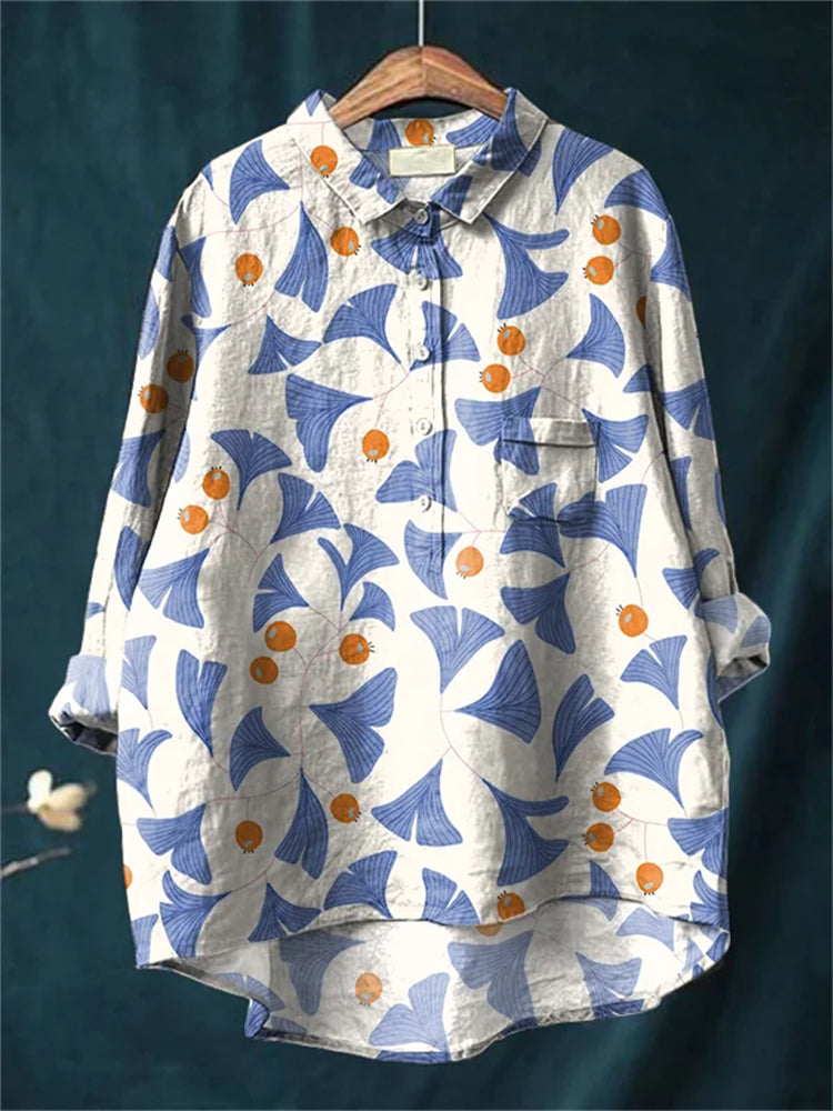 Comstylish Japanese Ginkgo Biloba Pattern Women's Linen Shirt