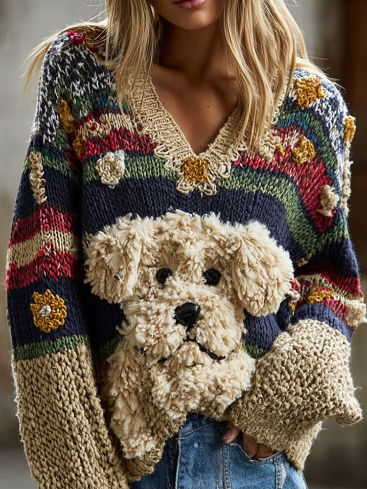 Women's Colorful Striped Plush Dog Pattern Embroidered V-neck Knit Sweater elevenforest