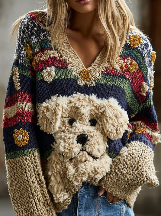 Women's Colorful Striped Plush Dog Pattern Embroidered V-neck Knit Sweater elevenforest