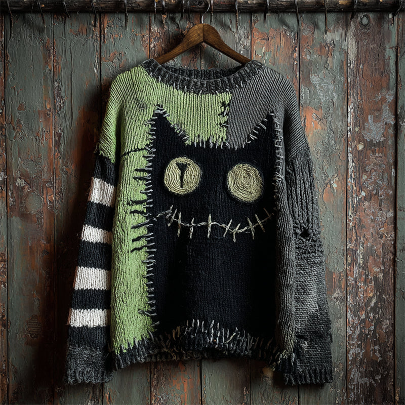 Halloween Black Cat Stitched Contrast Patchwork Cozy Knit Sweater elevenforest