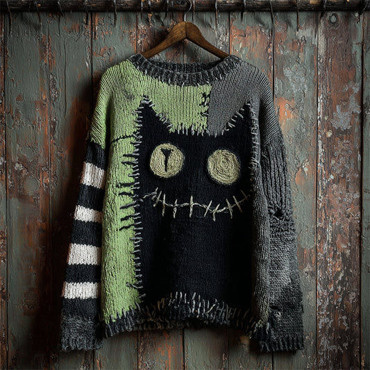 Halloween Black Cat Stitched Contrast Patchwork Cozy Knit Sweater elevenforest