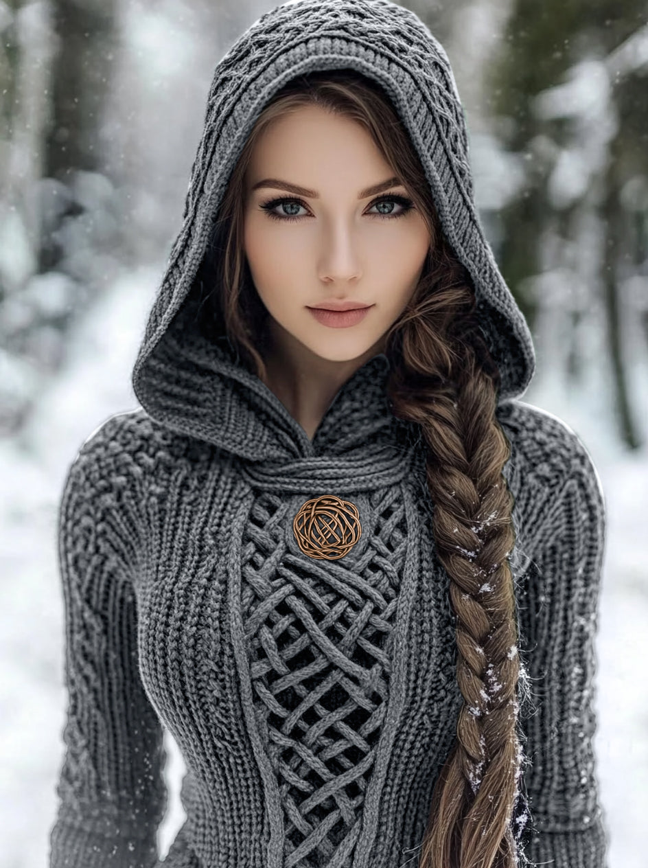 Women's Viking Style Knitted Cozy Hooded Sweater artswardrobe