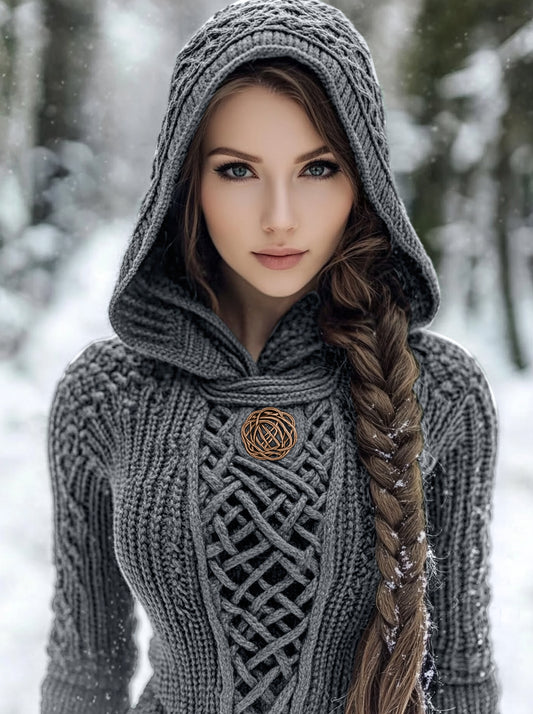 Women's Viking Style Knitted Cozy Hooded Sweater artswardrobe
