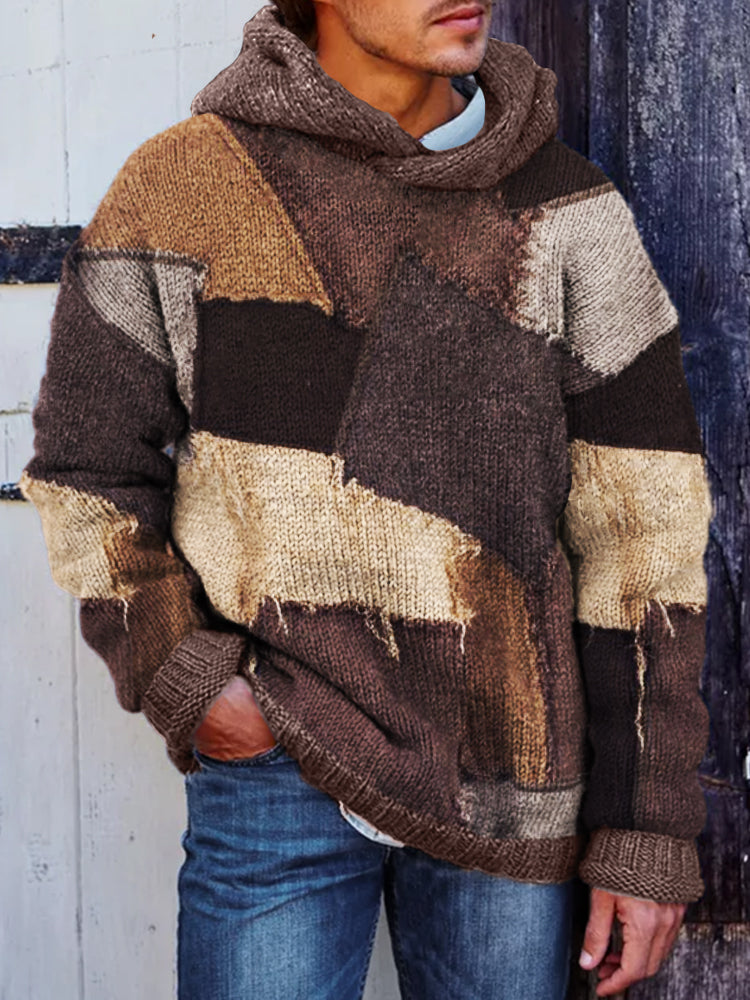 Men's Earthy Frayed Patchwork Cozy Knit Hooded Sweater elevenforest