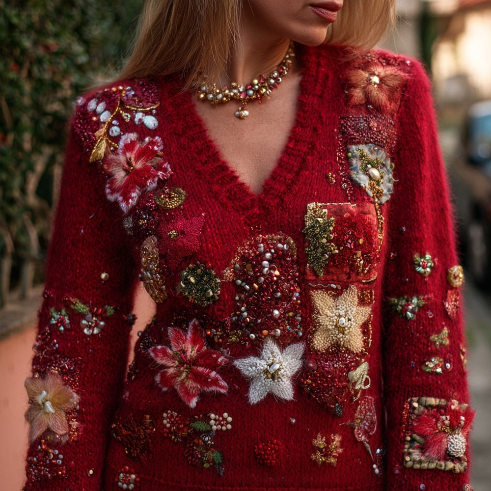 Christmas Inspired Beads Embroidered V Neck Cozy Sweater artswardrobe