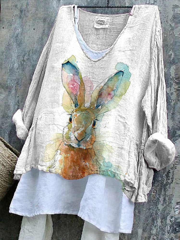 Bunny Watercolor Art Painting Print Linen Blend Shirt artswardrobe