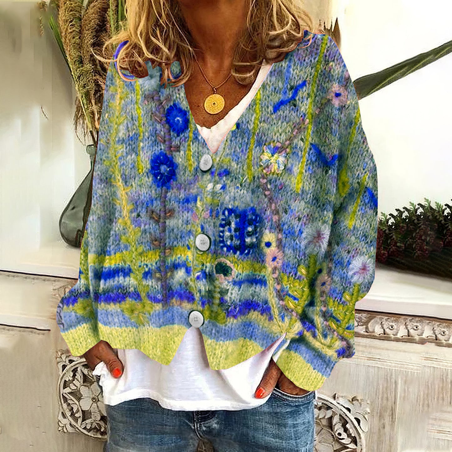 Vintage Floral Print V-Neck Long Sleeved Knitted Cardigan elevenforest