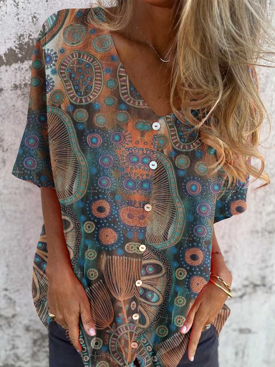 Women's Abstract Art Floral Shirt Style Cotton and Linen Top