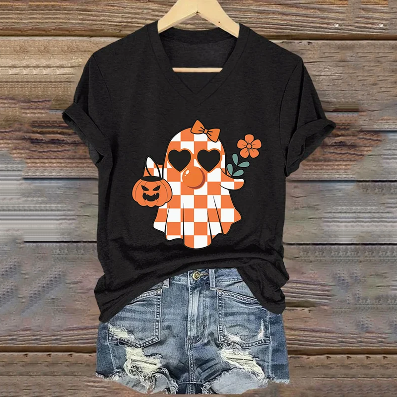 Thanksgiving Autumn Cute Ghost Pumpkin Painting V-Neck T-Shirt artswardrobe