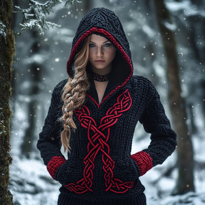 Women's Viking Celtic Knot Jacquard Knit Hooded Sweater artswardrobe