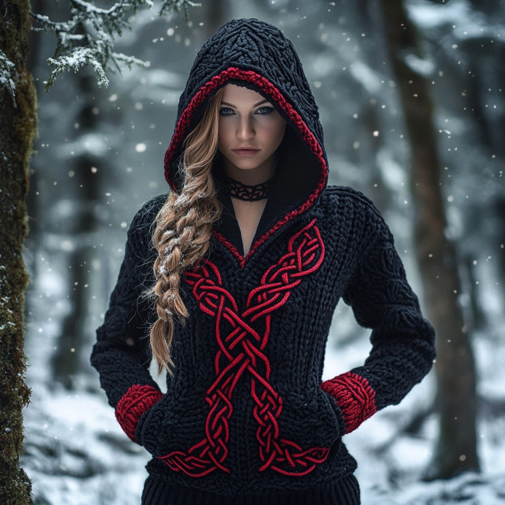 Women's Viking Celtic Knot Jacquard Knit Hooded Sweater elevenforest