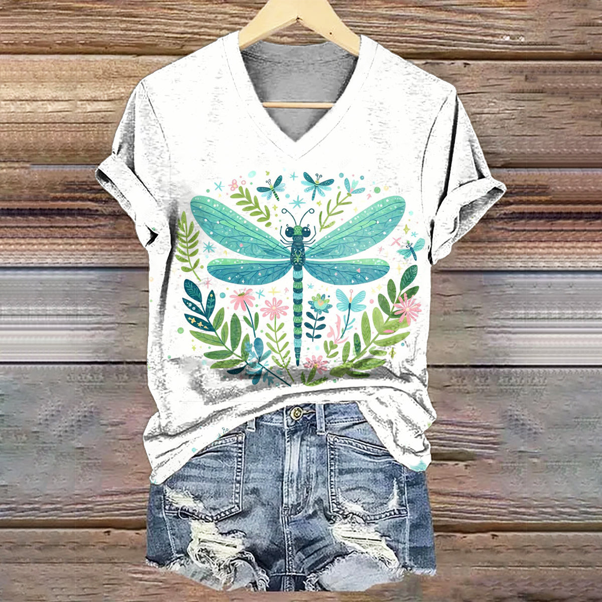 Women's Dragonfly Art Print V-Neck Cotton T-Shirt