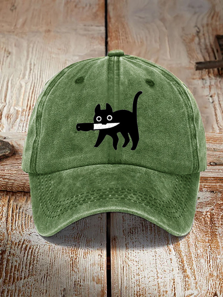 Comstylish Funny Black Cat Print Washed Hat