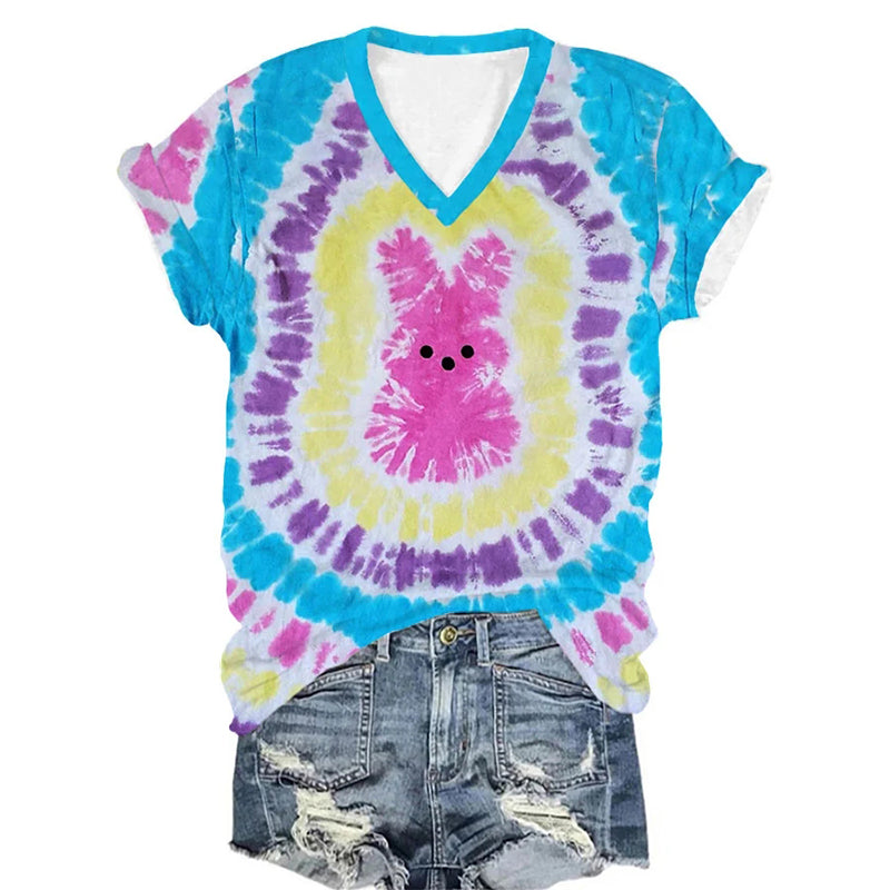 Women's Easter Bunny Tie Dye Print Short Sleeve T-Shirt artswardrobe