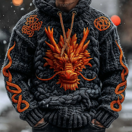 Men's Vintage Viking Celtic Dragon Chunky Hooded Sweater artswardrobe