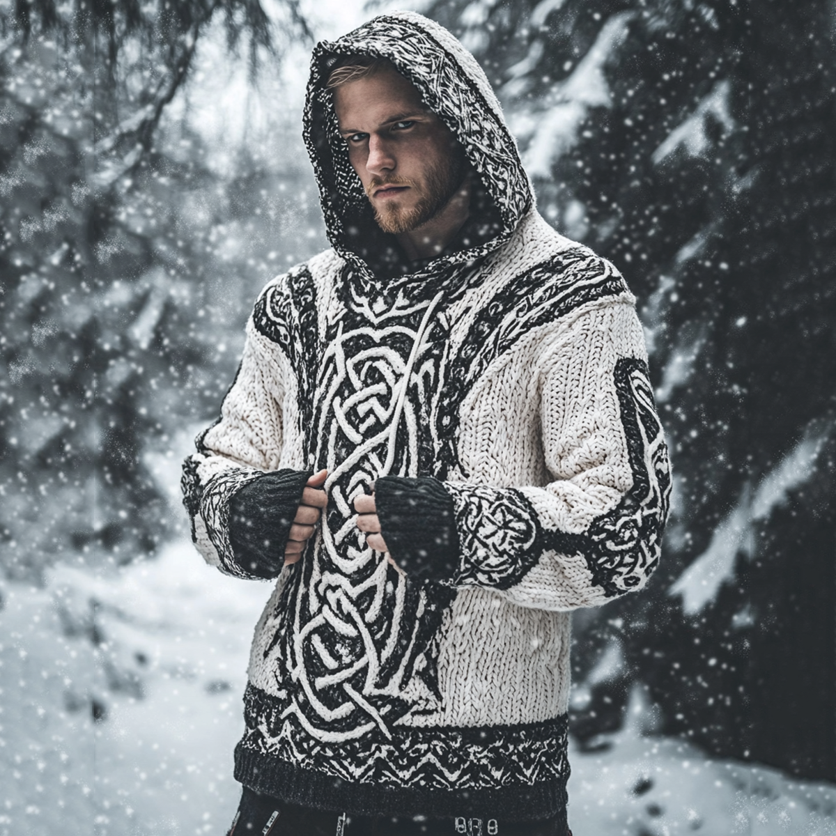 Men's Viking Style Knitted Jacquard Hooded Sweater elevenforest