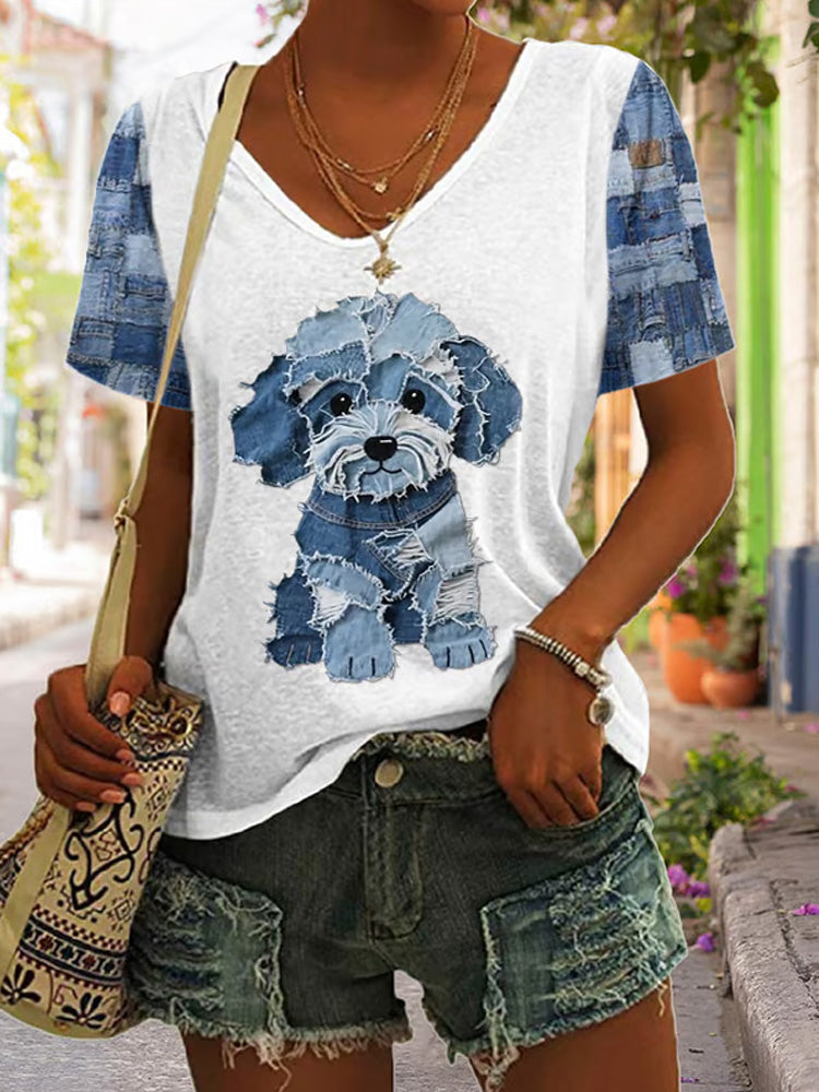 Comstylish Women's Retro Funny Animal Dog Print V Neck T-shirt