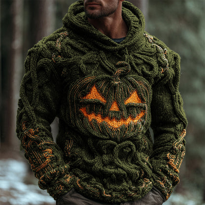 Halloween Pumpkin Emoji Men's Chunky Knit Hooded Sweater artswardrobe