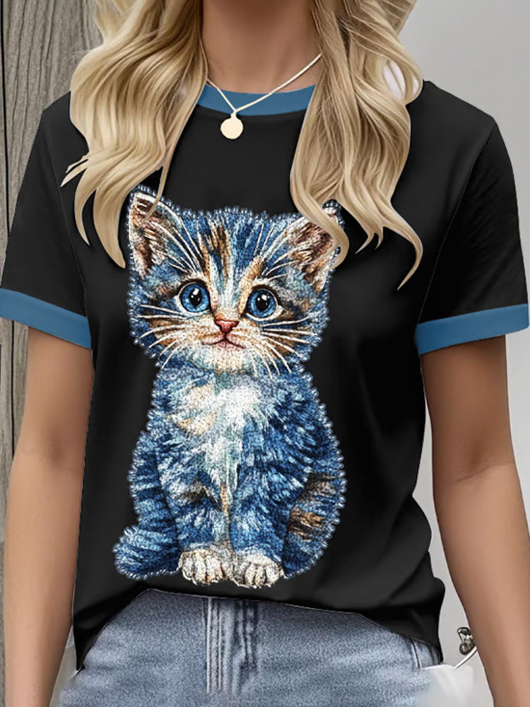 Women's Retro Funny Denim Patch Animal Cat Print Crew Neck T-shirt artswardrobe