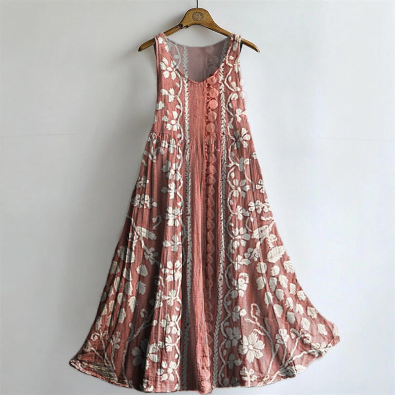 Women's Vintage Ethnic Floral Art Print Crew Neck Sleeveless Cotton Po