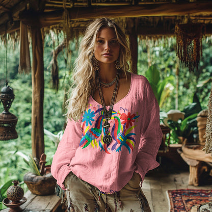 Women's Floral And Bird Art Print Cotton And Linen Shirt artswardrobe