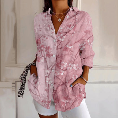 Women's Vintage Floral Contrast Art Print Casual Linen Shirt artswardrobe