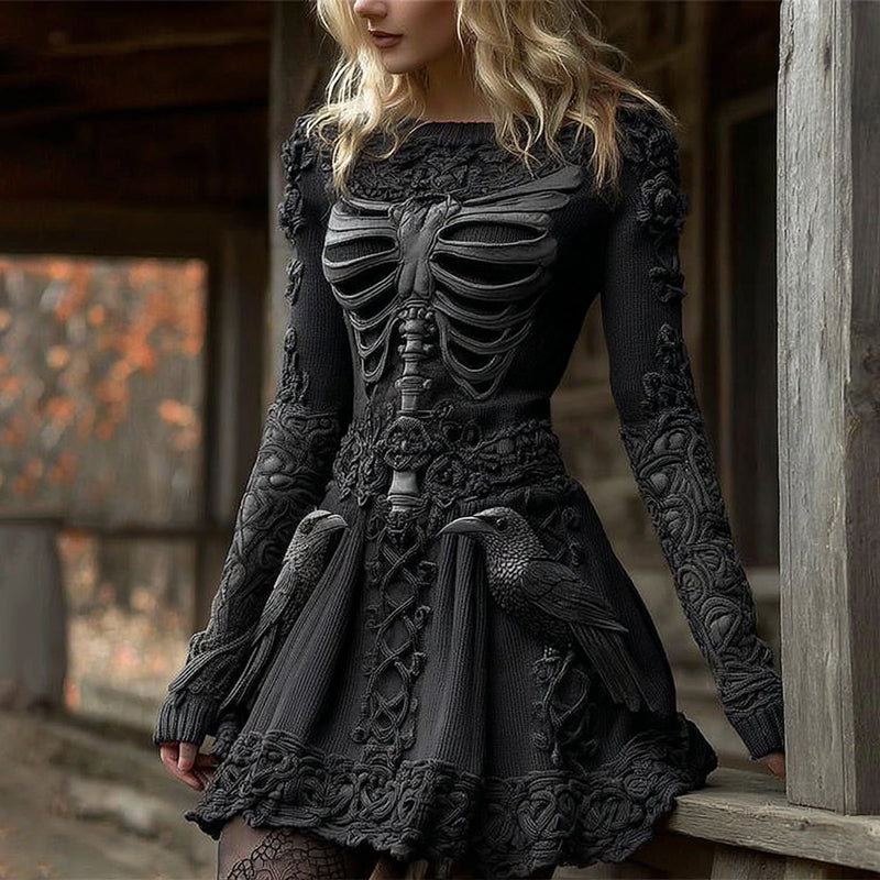 Women's Halloween Viking Raven Celtic Knot Skeleton Knit Mini Sweater Dress artswardrobe