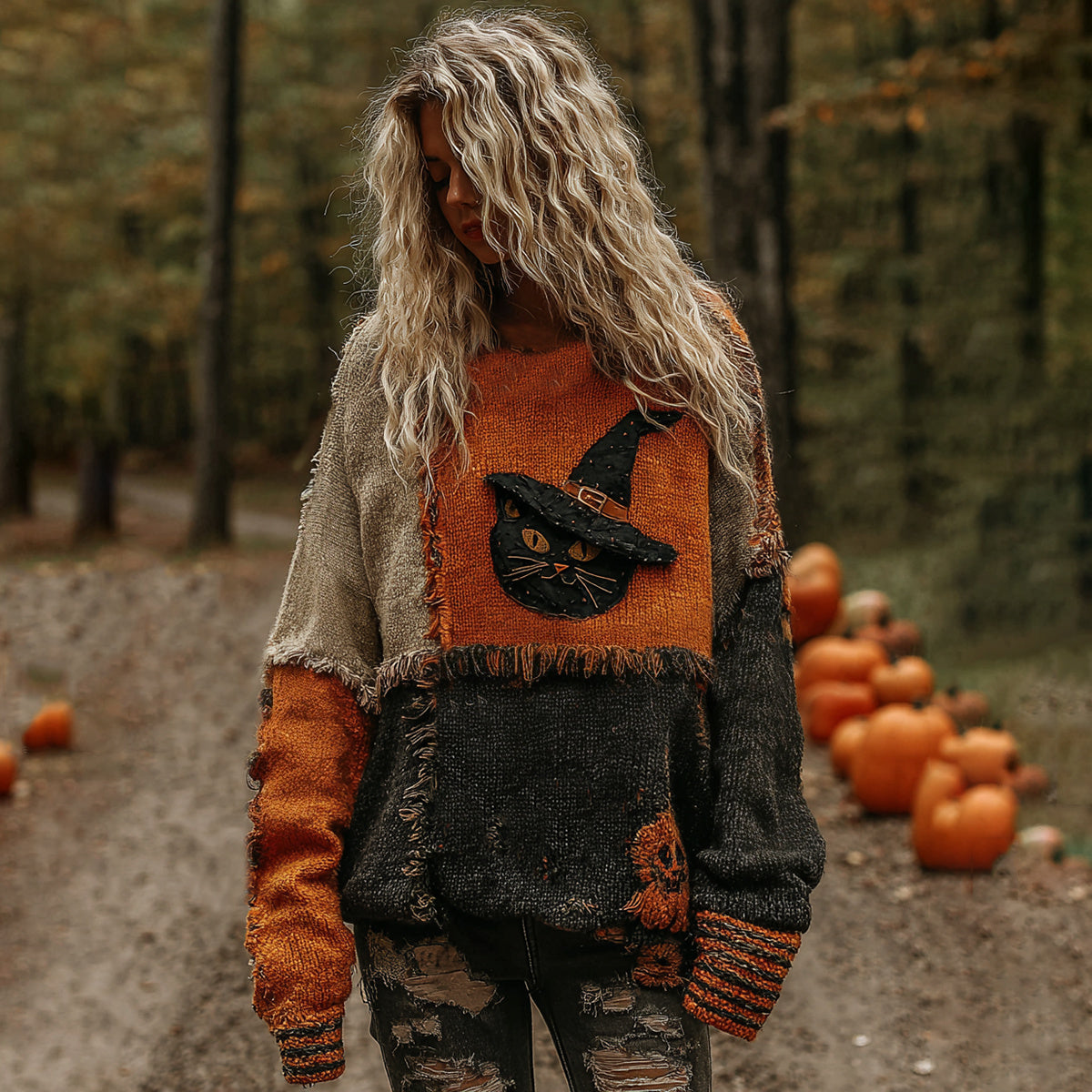 Halloween Pumpkin Witch Cat Face Art Cozy Knit Sweater artswardrobe