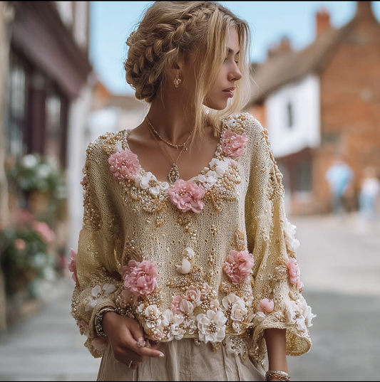 Bohemian Style Three-dimensional Pink Flower Knitted Pattern Women's V-neck Long-sleeve Knitted Sweater artswardrobe