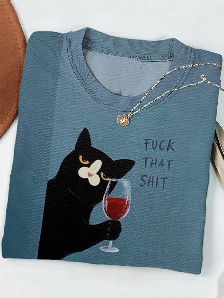 Wine Cat Print Casual T-Shirt elevenforest