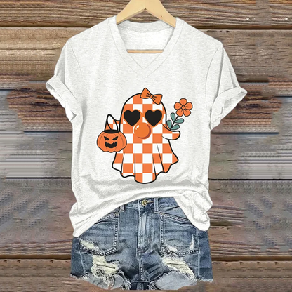 Thanksgiving Autumn Cute Ghost Pumpkin Painting V-Neck T-Shirt artswardrobe