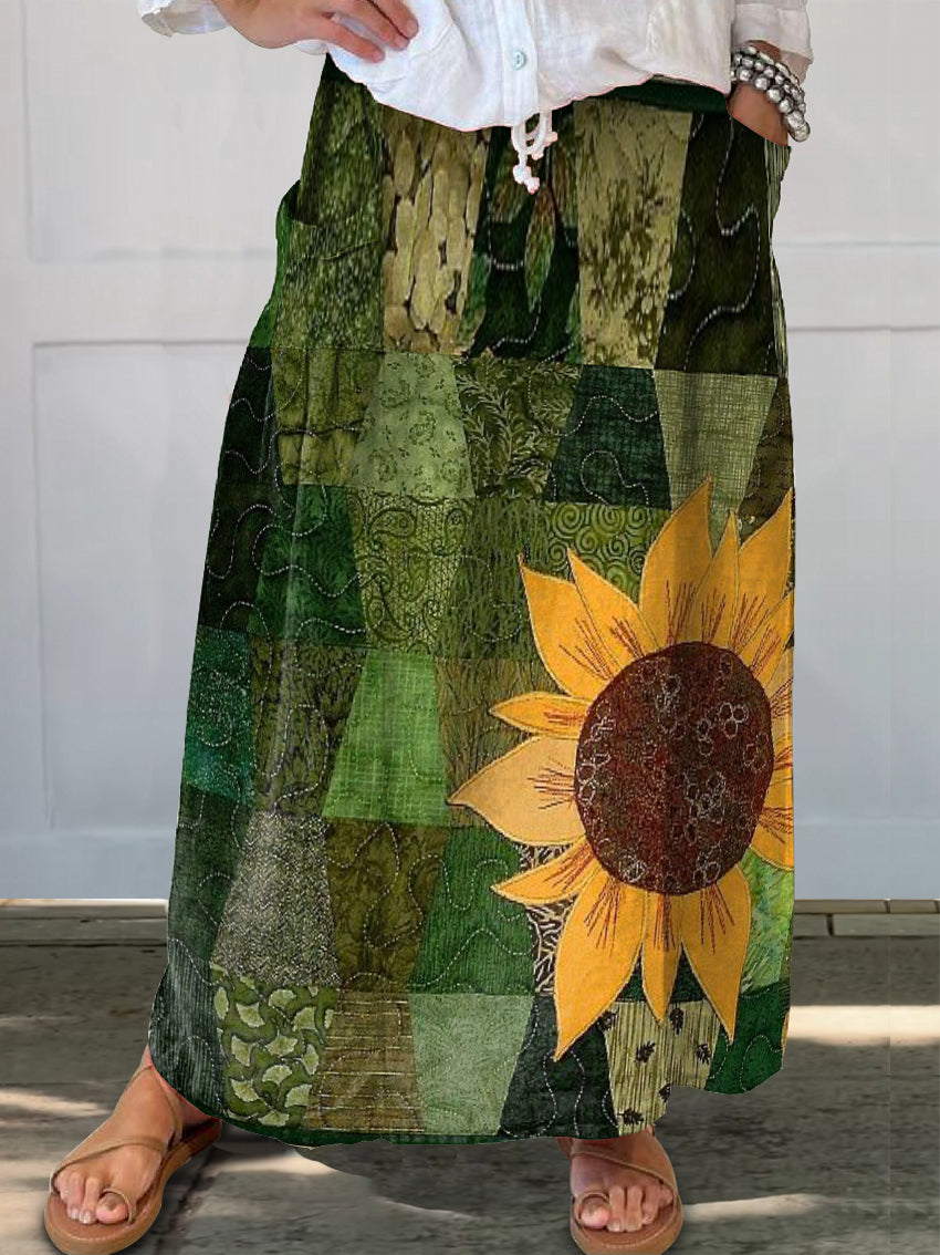 Women's Art Painting Green Color Block Sunflower Print Skirt