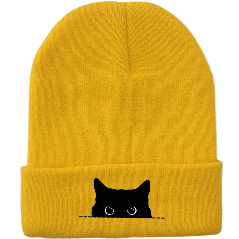 Comstylish Unisex Cartoon Black Cat Print Coldproof Knitted Hat