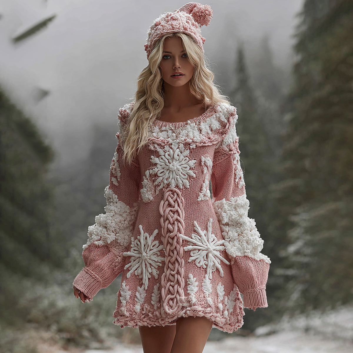 Women's Snowflake Embroidered Celtic Knot Midi Sweater Dress artswardrobe