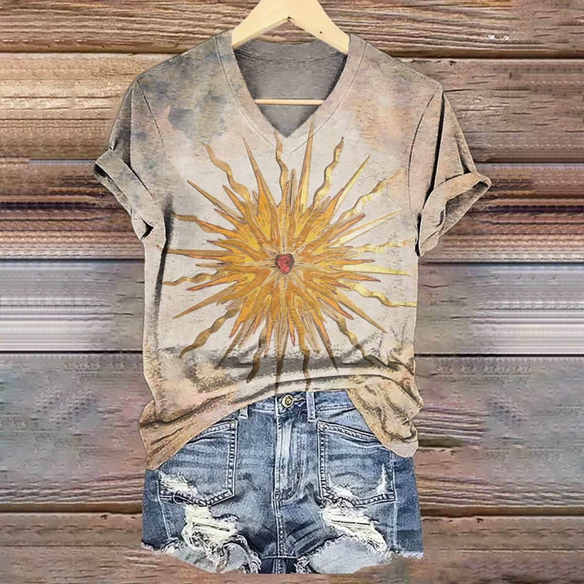 Women's Sun Art Print V-Neck Casual T-Shirt