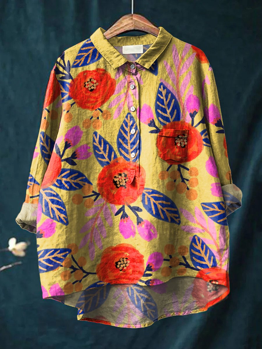 Women's Watercolor Flowers Floral Art Print Casual Cotton And Linen Shirt