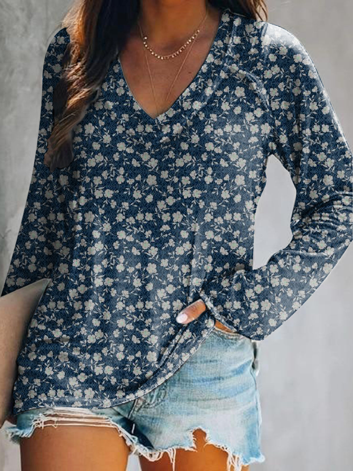 Women's Casual Vintage Floral Art Print V Neck Long Sleeve Tops