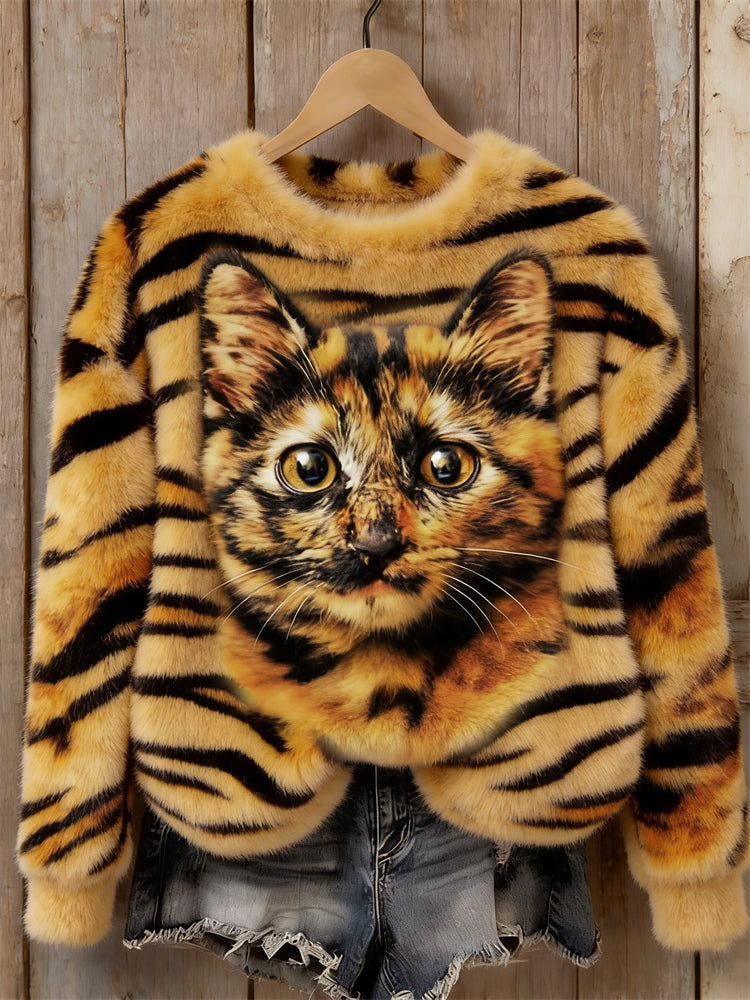 Comstylish Tortoiseshell Cat Face Fur Pattern Cozy Plush Sweatshirt