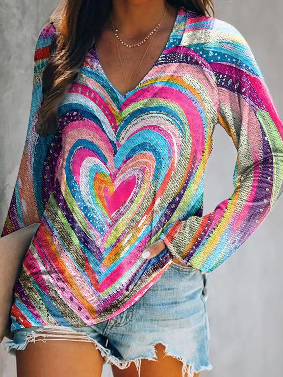 Women's Hippie Art Painting Vintage Print V-Neck Long Sleeve