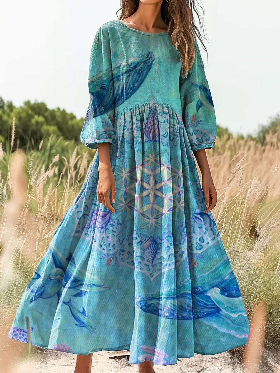 Women's Vintage Floral Whale Art Print Flowy Cotton Crew Neck Dress