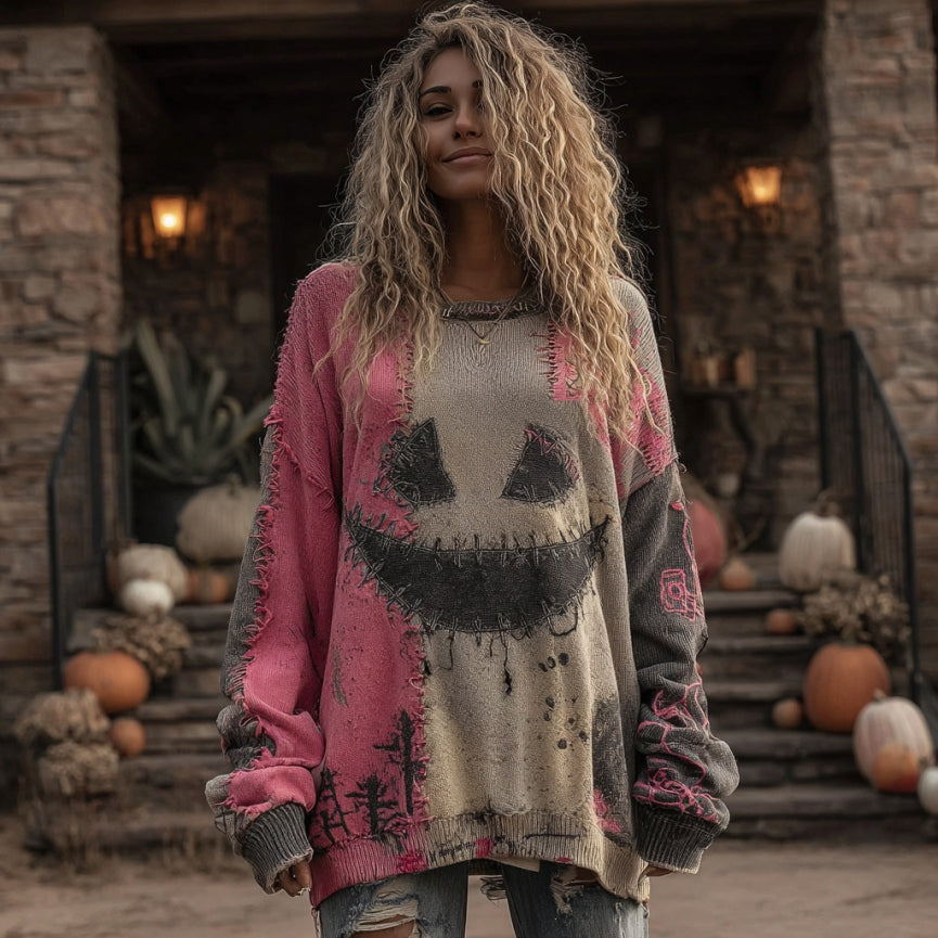 Halloween Spooky Face Contrast Stitched Cozy Knit Sweater elevenforest