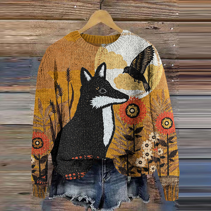 Women's Fox Bird Print Crew Neck Sweater artswardrobe