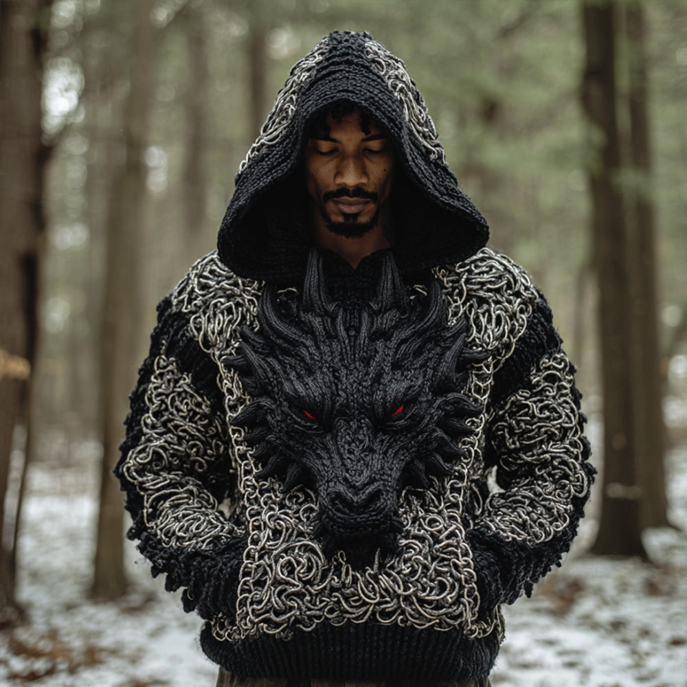 Men's Viking-style Chain-linked Dragon Embroidery Dark Ancient Hooded Sweater elevenforest