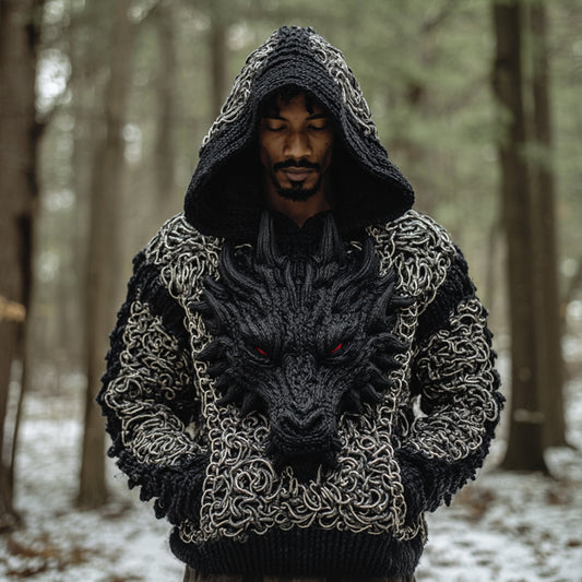 Men's Viking-style Chain-linked Dragon Embroidery Dark Ancient Hooded Sweater elevenforest