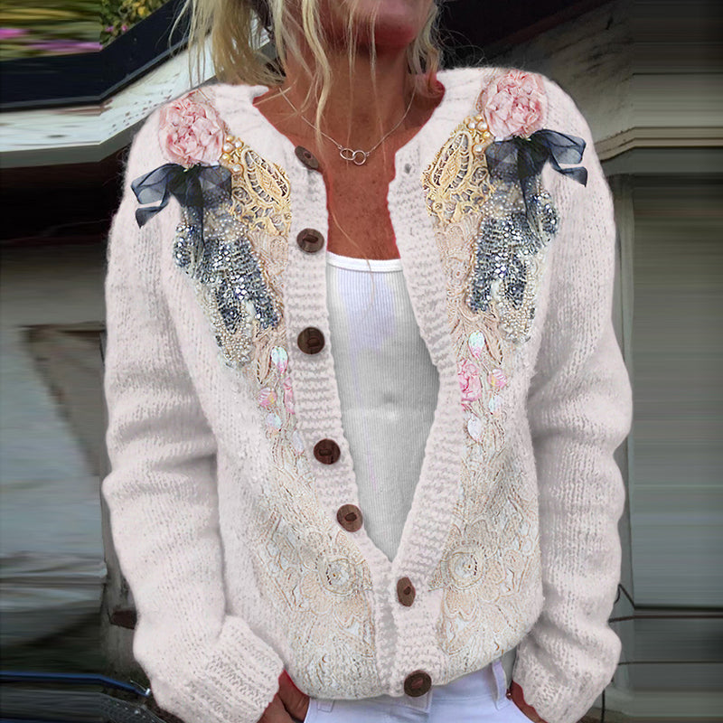 Vintage Lace And Floral Button Down Cozy Sweater Cardigan artswardrobe
