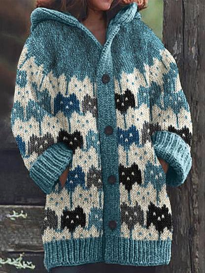 Lovely Colorful Cats Knit Art Cozy Hooded Cardigan elevenforest
