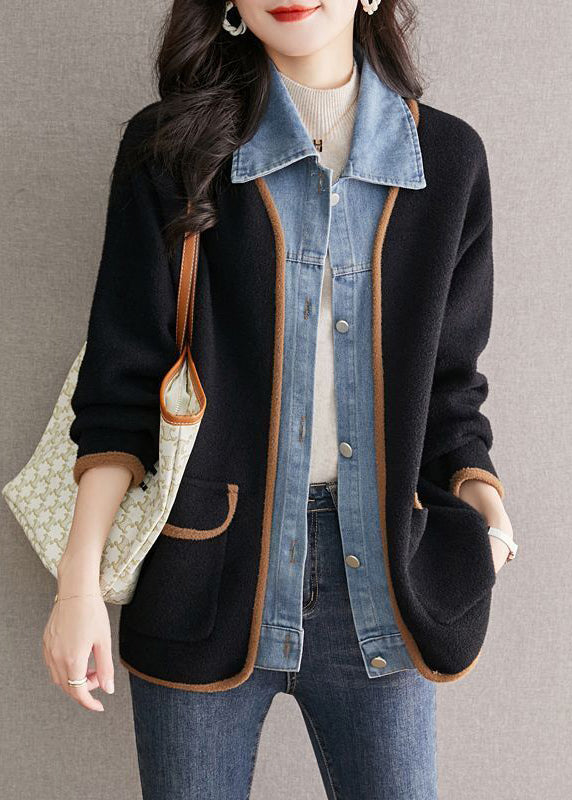 Cappotto in lana nero unico con colletto alla Peter Pan, patchwork di jeans, effetto due pezzi, autunno