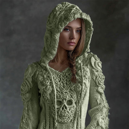 Vintage White Roses Viking Celtic Skull Hooded Cozy Knit Sweater artswardrobe